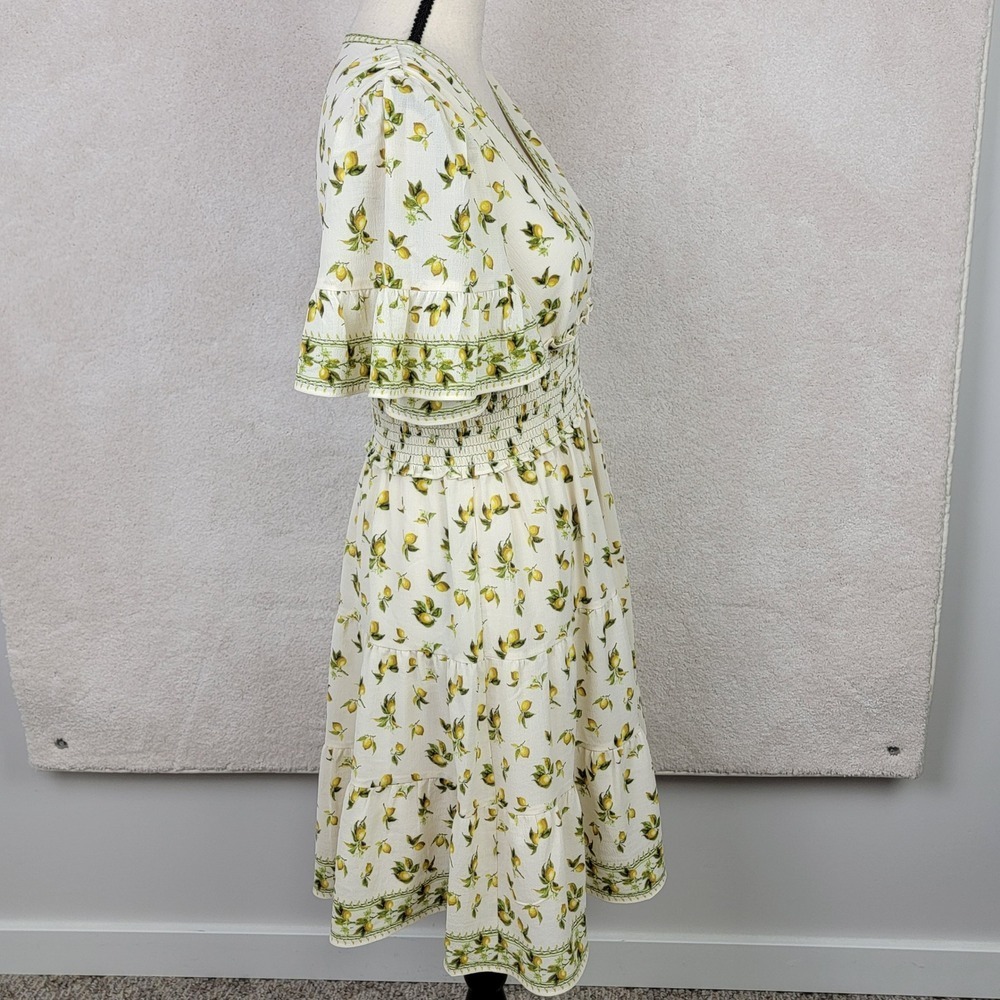 Max Studio NEW Women S Yellow Cream Lemon Print Smocked Cottagecore Sun Dress - Picture 10 of 11